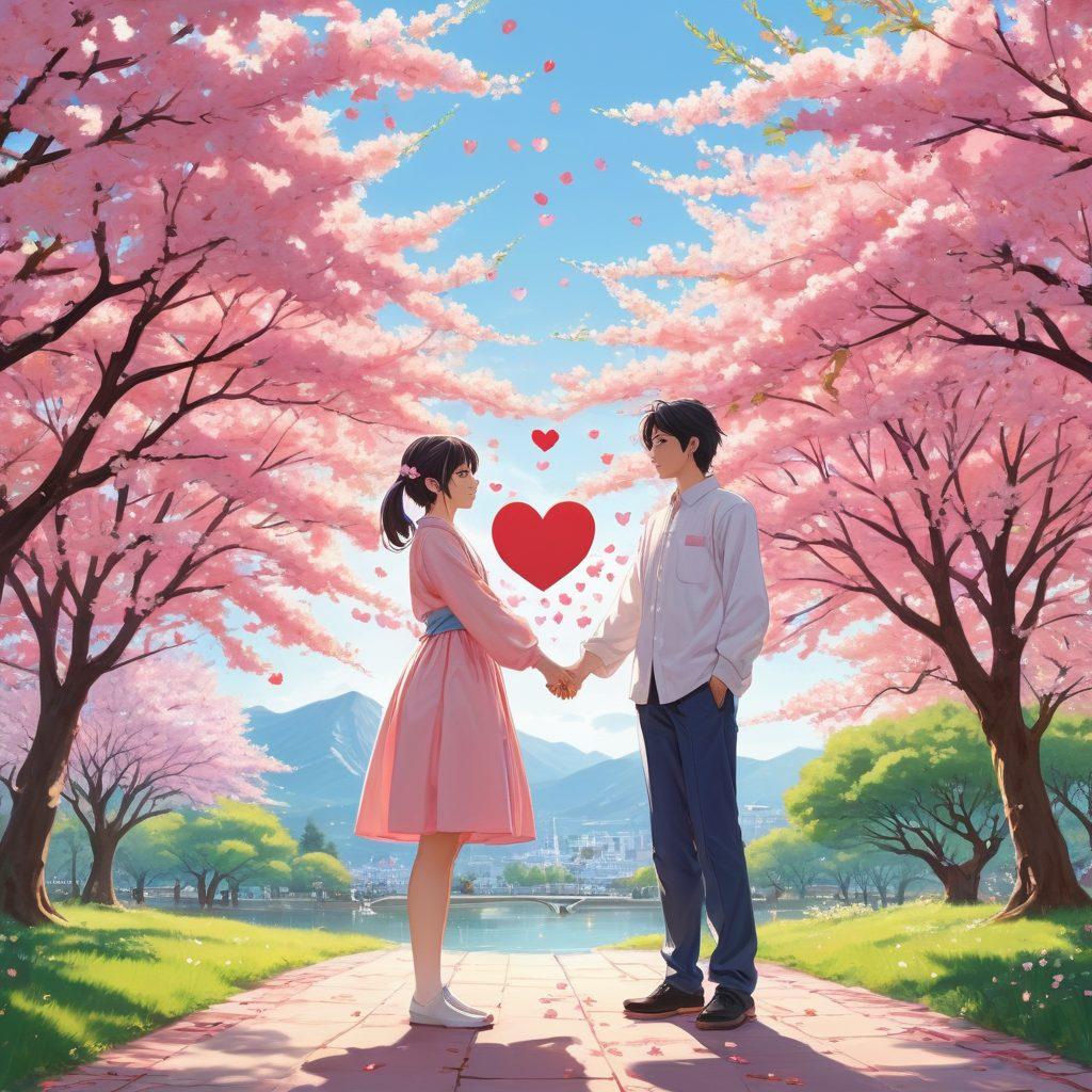 A beautifully illustrated scene of an anime couple standing together in a serene park, surrounded by cherry blossom trees, holding a large heart symbol that represents love and financial security. Behind them, a gentle flow of money in various currencies signifying protection and prosperity. The overall atmosphere is bright and uplifting, embodying hope and togetherness. pastel colors. anime style. vibrant background.