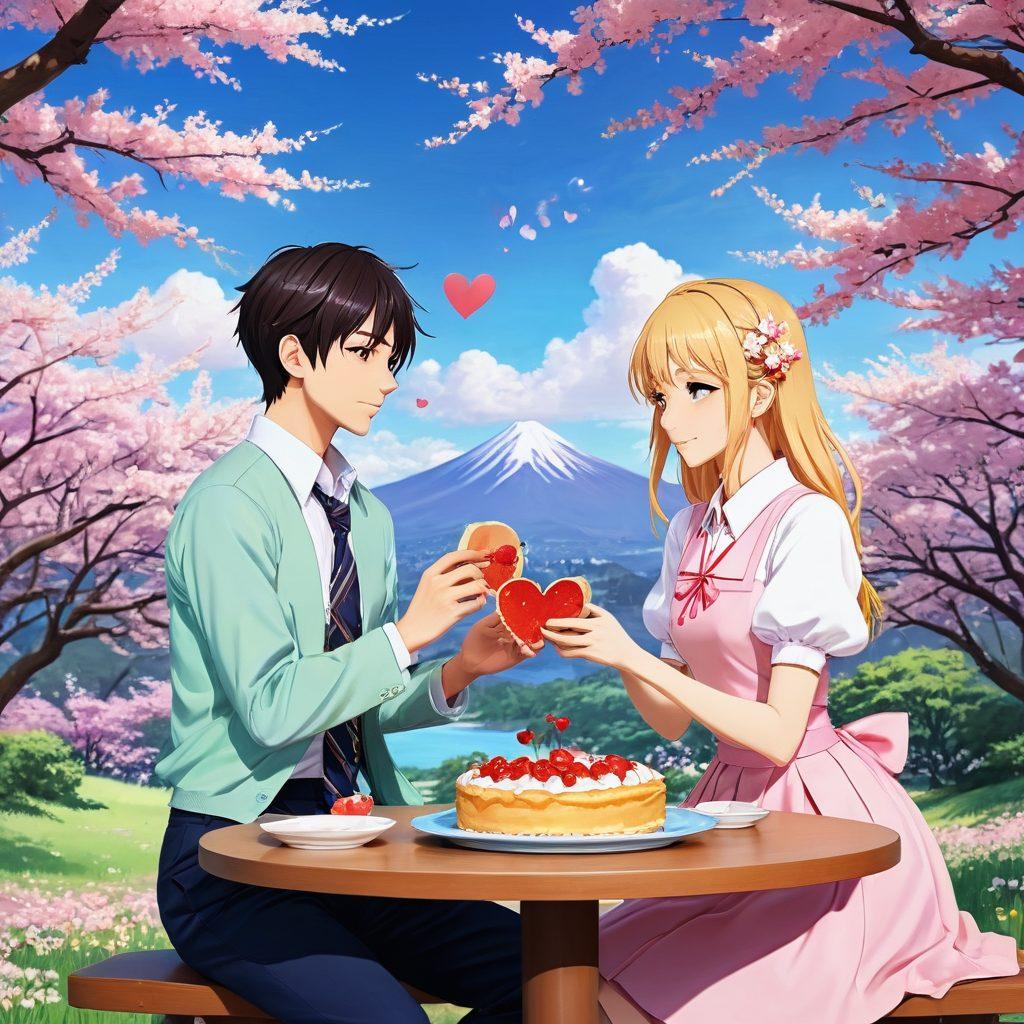 A whimsical scene featuring two anime characters engaged in a romantic dialogue amidst a backdrop of swirling cherry blossoms and intricate risk management charts. One character holds a heart-shaped pie chart, while the other points to a graph showing fluctuating emotions. The composition should blend elements of love and strategy, representing the intersection of romance and risk. Dreamy color palette with soft pastels. vibrant colors. anime style.