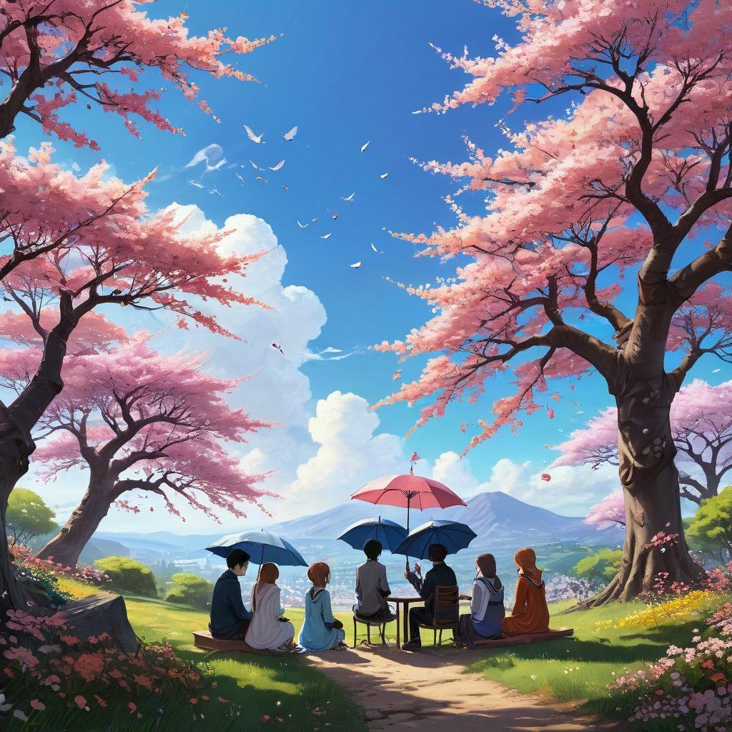 A whimsical blend of anime characters, engaging in a heartfelt conversation in a dreamy landscape filled with insurance symbols like umbrellas, hearts, and shields, surrounded by vibrant cherry blossom trees. Each character represents different emotional experiences, showcasing their journeys towards protection and assurance. The sky transitions from a cloudy gray to a bright blue, symbolizing hope and growth. anime style. vibrant colors. soft focus.